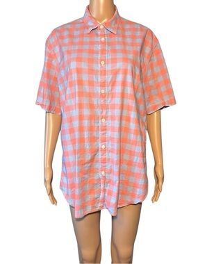 Coastaoro Men's Shirt Size L Gingham Button Down Short Sleeve Cotton Linen Blend